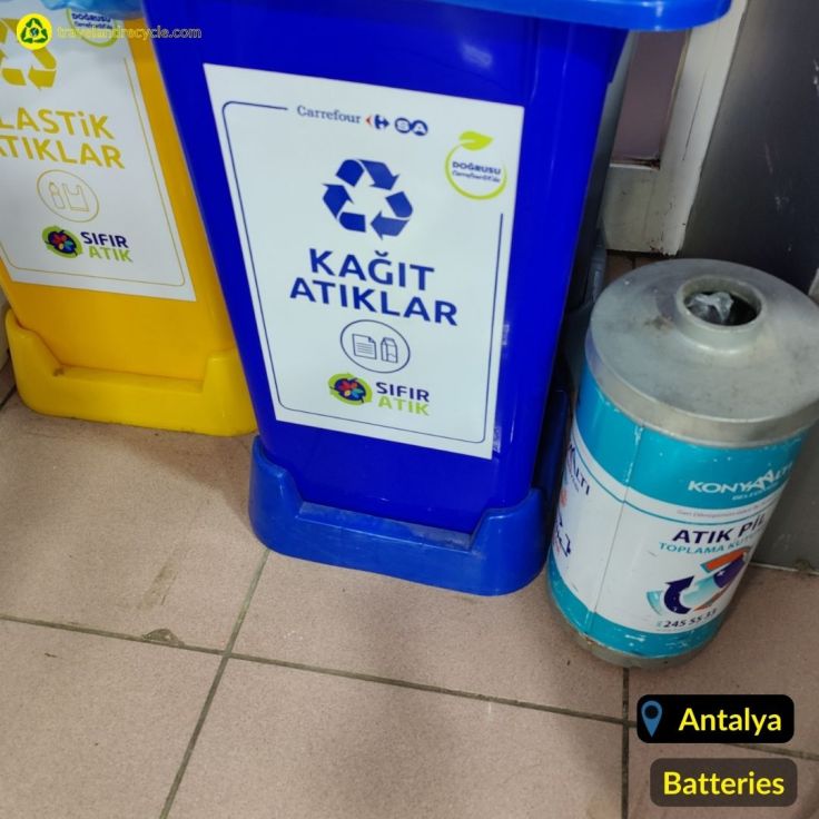 Blue recycling bin for batteries in Carrefour shop Antalya Turkey
