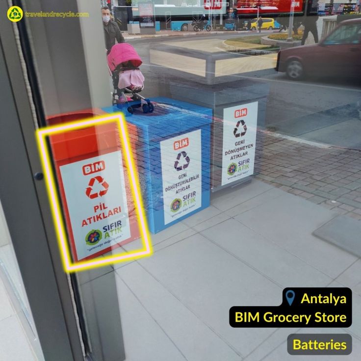 Red recycling bin for batteries in BIM shop Antalya Turkey