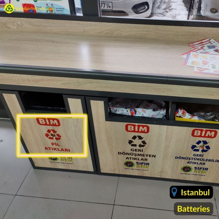 Recycling bin for batteries in BIM shop in Istanbul Turkey