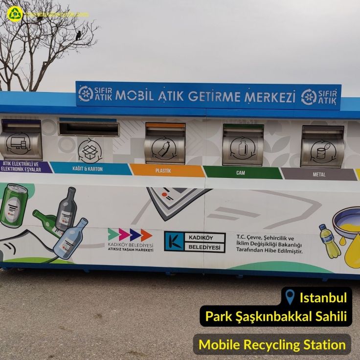 Recycling station in Istanbul, Turkey for palstic, glass, metal, paper, cardboard, used frying oil waste