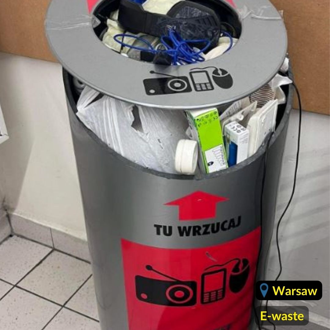 Metalic and red color electronic waste recycling bin in Warsaw Poland