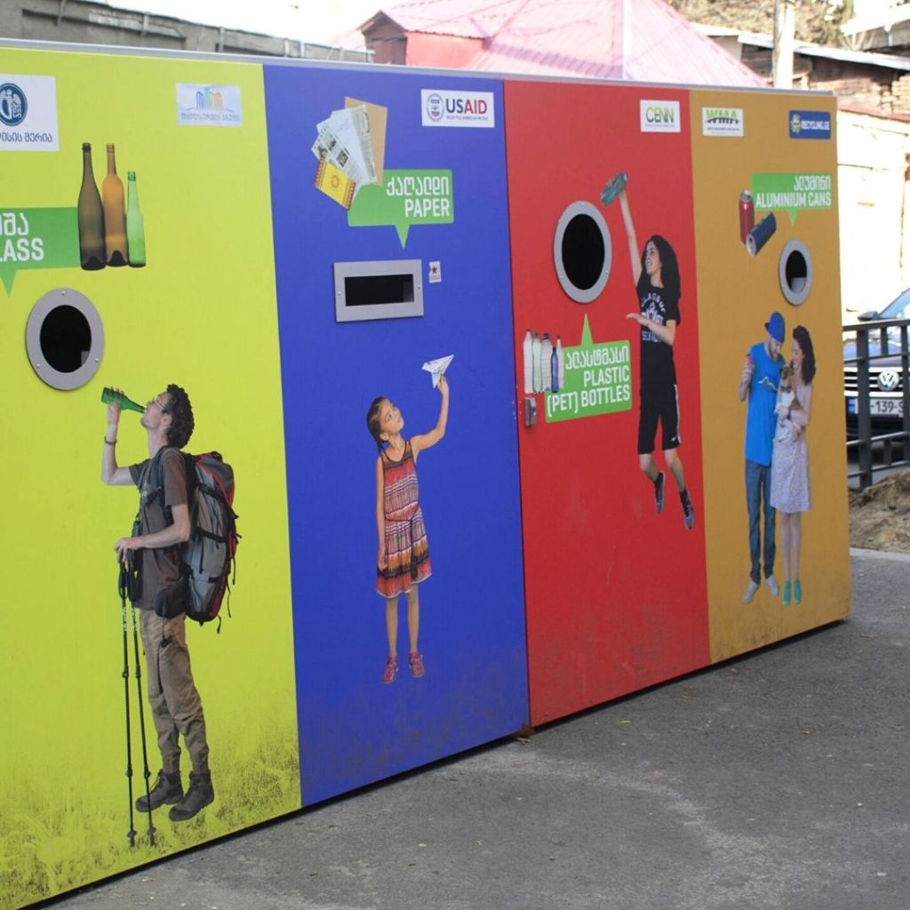 Big recycling bin in Tbilisi Georgia for plastic (PET-1 only), metal (aluminum cans only), glass, paper waste recycling