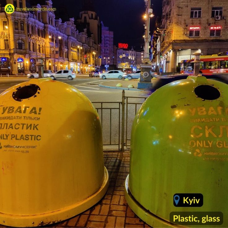 Recycling green and yellow bins for plastic and glass waste in Kyiv Ukraine