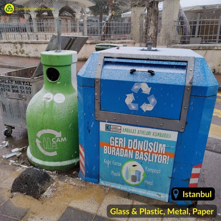 Green Recycling Bin glass and blue recycling bin for plastic, paper, metal waste in Istanbul Turkey