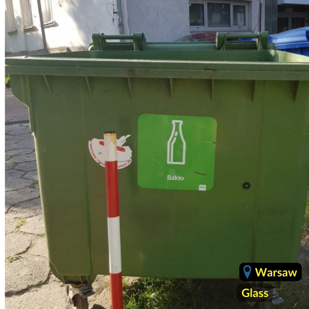 Green recycling bins for glass waste in Warsaw Poland