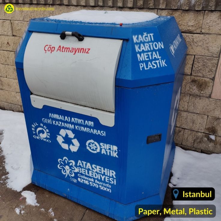 Blue recycling bin for plastic, paper, metal waste in Turkey, Istanbul
