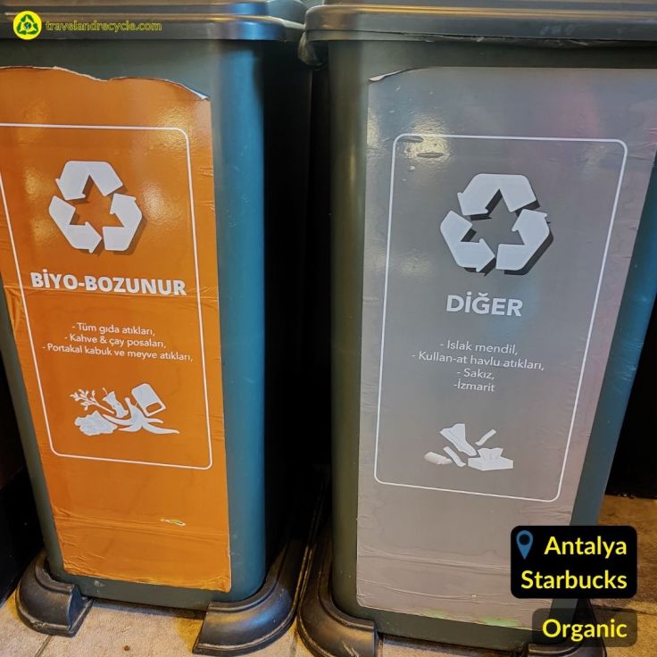 Gray and orange recycling bin for organic waste in Starbacks caffee in Antalya Turkey