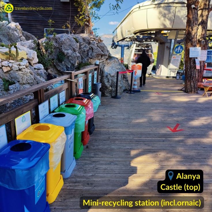 Recycling bins on the top of the cable car road in Alanya Castle, Turkey