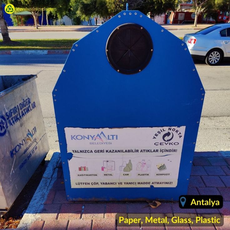 Blue recycling bin for plastic, glass, metal and paper in Antalya Turkey