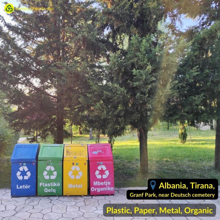 Recycling bin for plastic, metal, paper and organic waste in Tirana Grand Park Albania