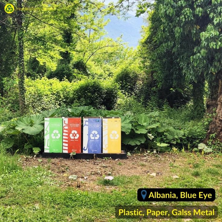 Recycling bin for plastic, metal, paper waste in Blue Eye National Park Albania