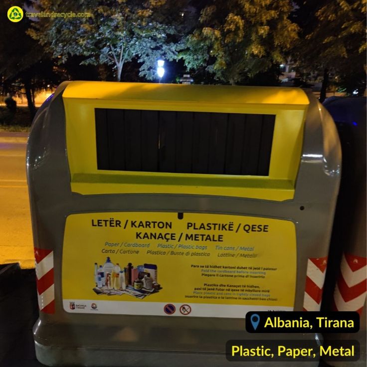 Gray and yellow recycling bin for plastic, metal, paper waste in Tirana Albania