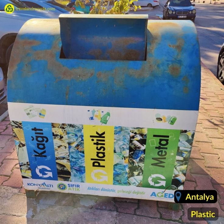 Blue recycling bin for plastic, metal and paper in Antalya Turkey