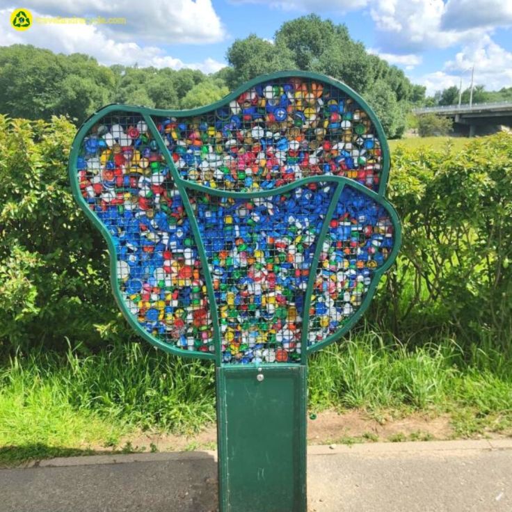 Plastic caps waste recycling bin in a form of a tree in Minsk, Belarus