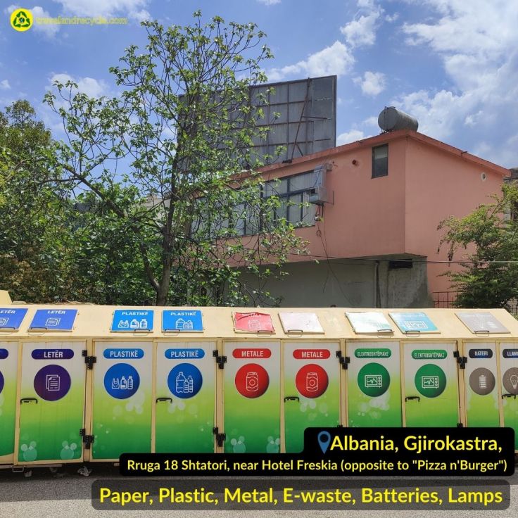 Recycling bin for plastic, metal, paper, e-waste batteries, lamps waste in Gjirokaster Albania