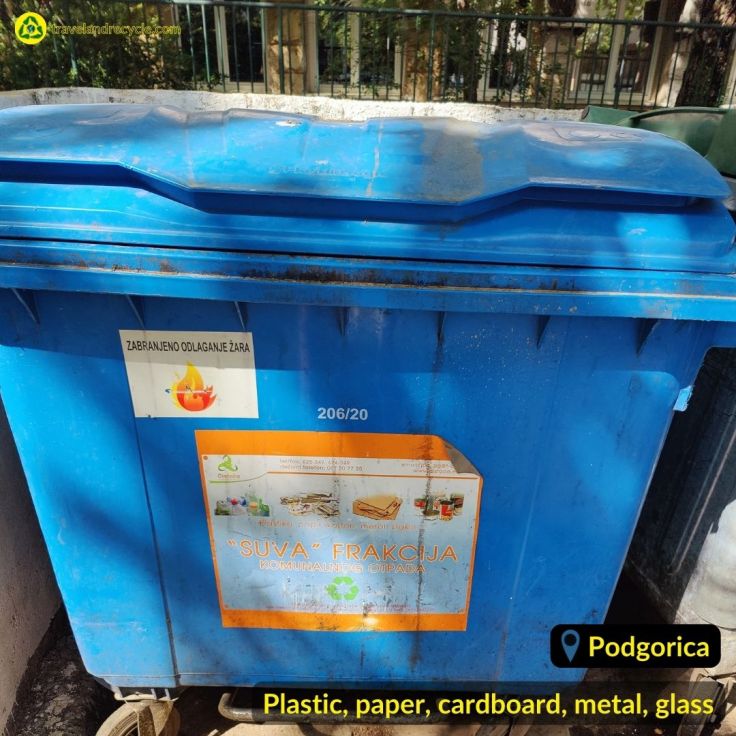 Blue recycling Bin for paper, plastic, glass, metal waste in Podgorica Montenegro