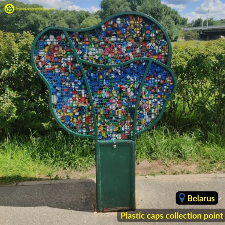 Plastic caps waste recycling bin in a form of a tree in Minsk, Belarus