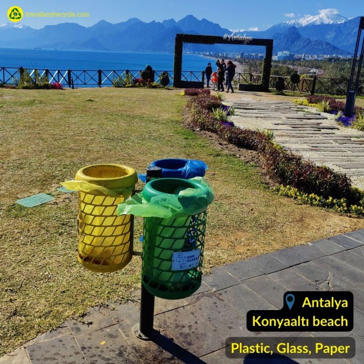 Recycling bins for plastic, metal, paper waste in Antalya, Konyaalti beach, Turkey