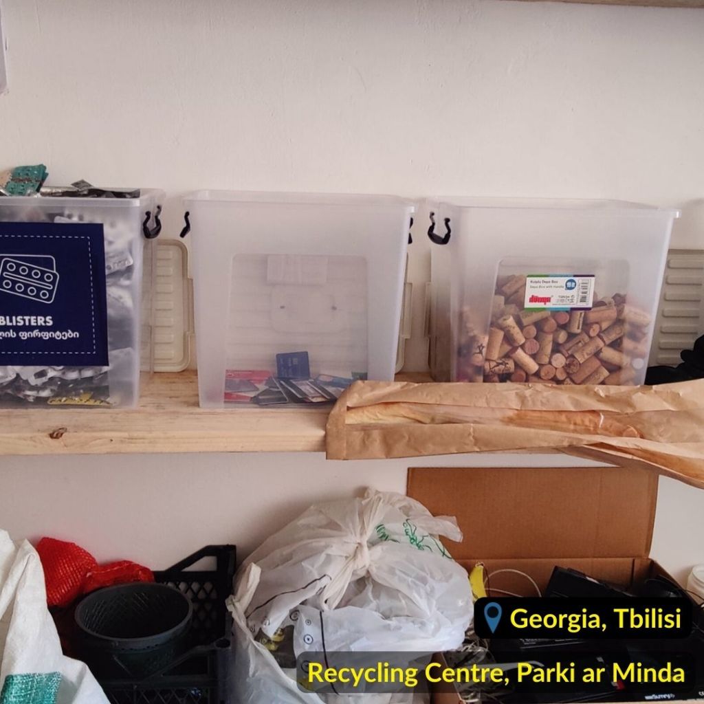 Corks, Blisters, and plastic cards waste are sorted in different containers in the recycling station "Parki ar Minda" in Tbilisi Georgia