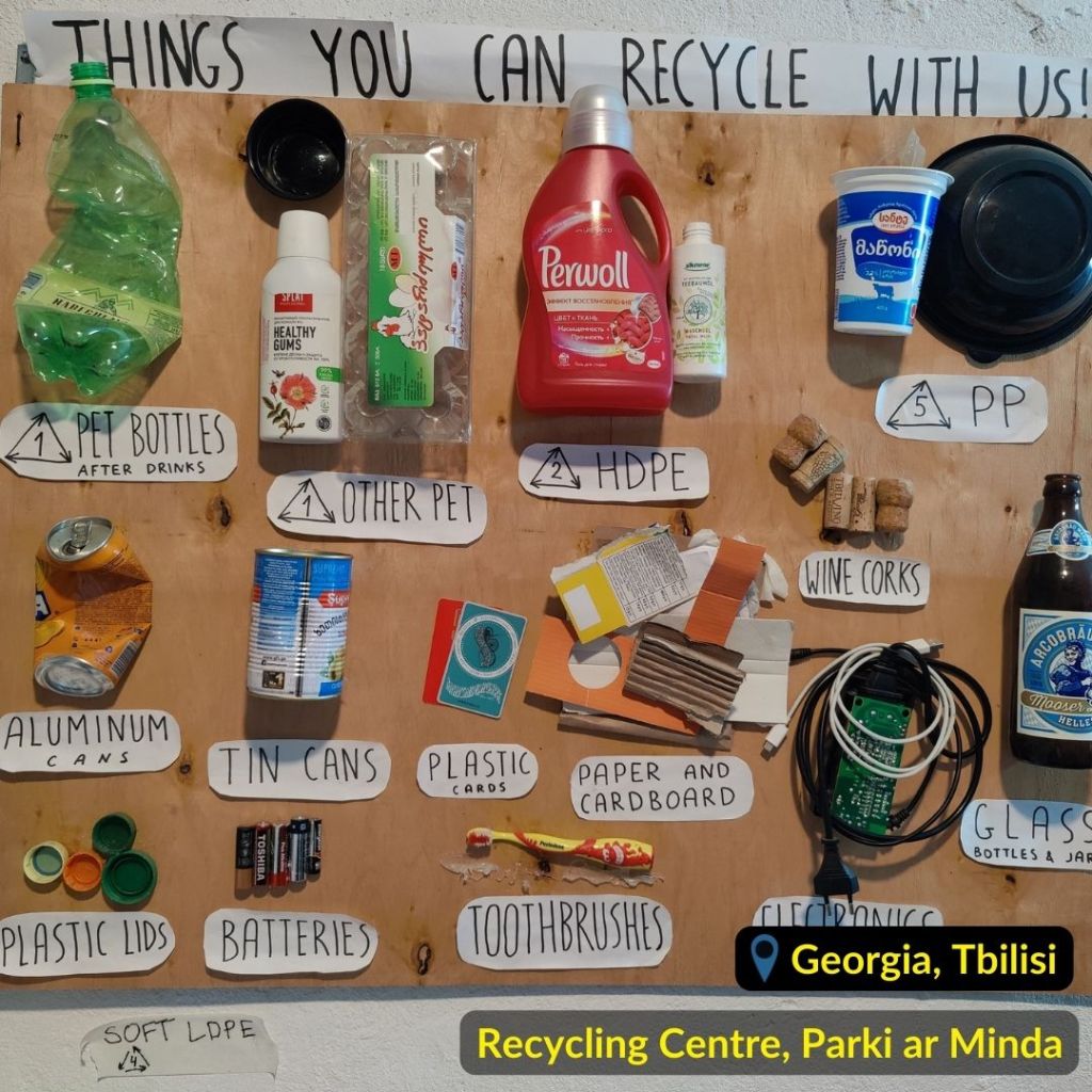 The board that demonstrates things that are accepted for recycling in the recycling station "Parki ar Minda" in Tbilisi Georgia