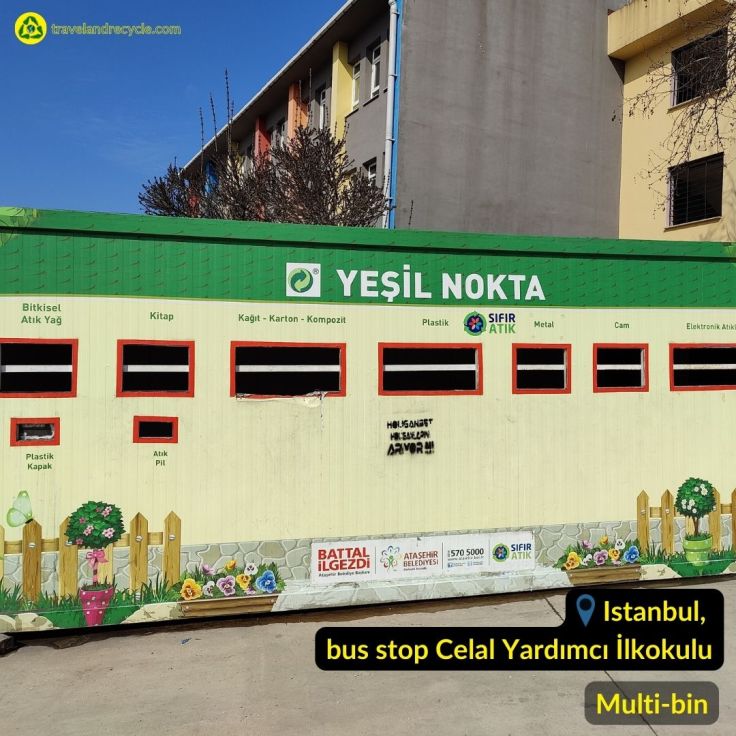 Recycling station for used frying oil, batteries, e-waste, plastic, paper, metal, glass waste in Turkey, Istanbul near the school