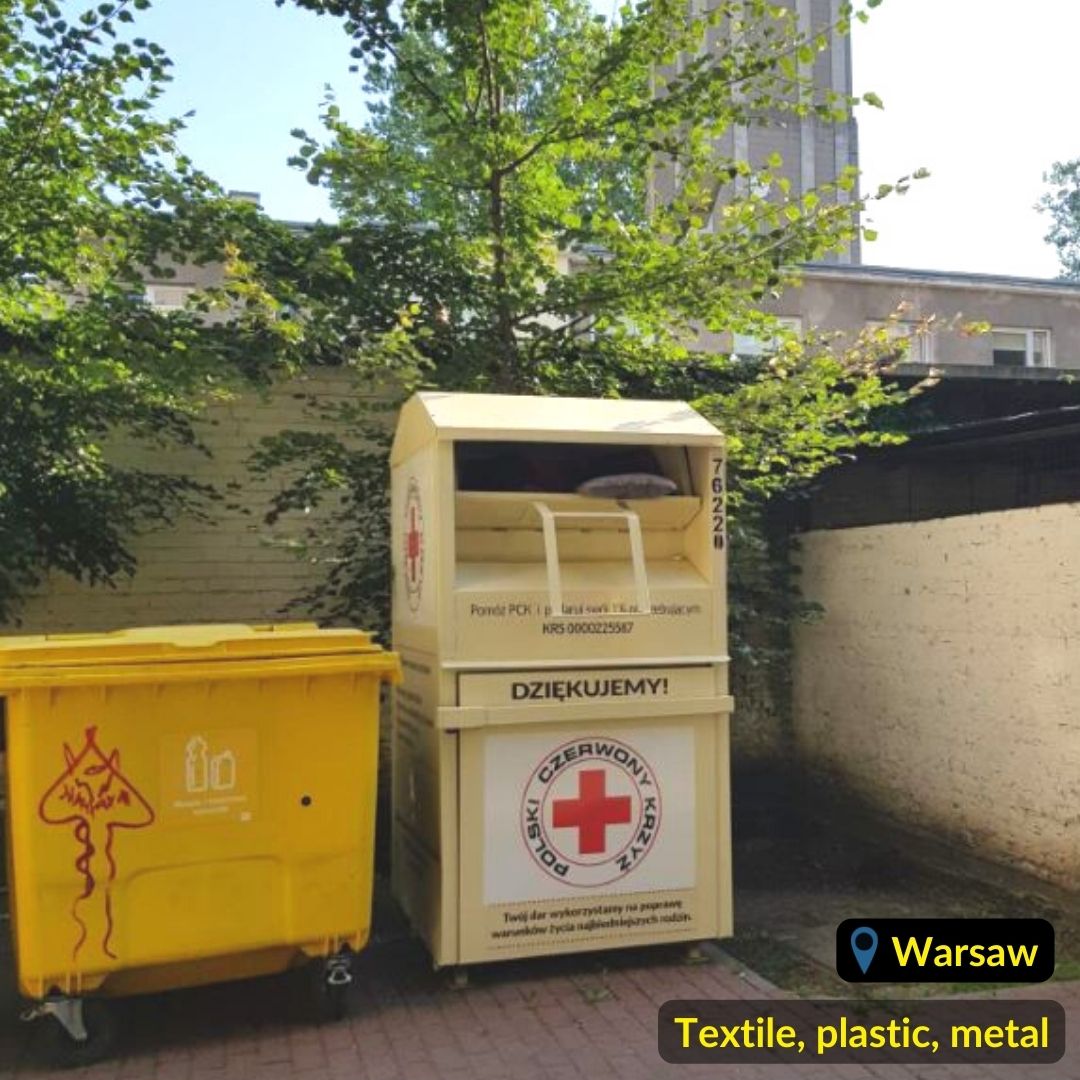 Nude yellow recycling bins for textile waste and yellow waste bin for plastic and metal waste in Warsaw Poland