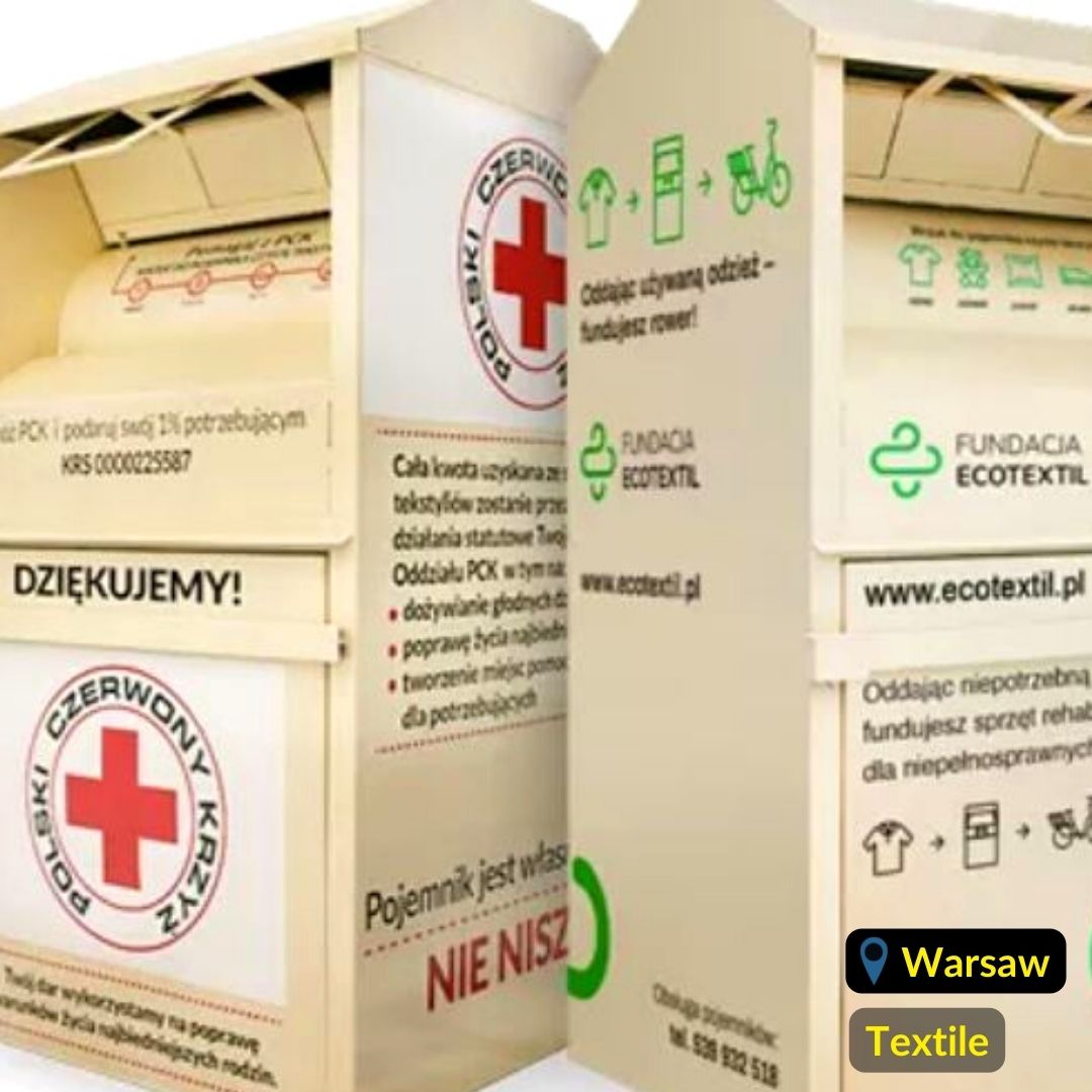 Nude yellow recycling bins for textile waste in Warsaw Poland with red cross