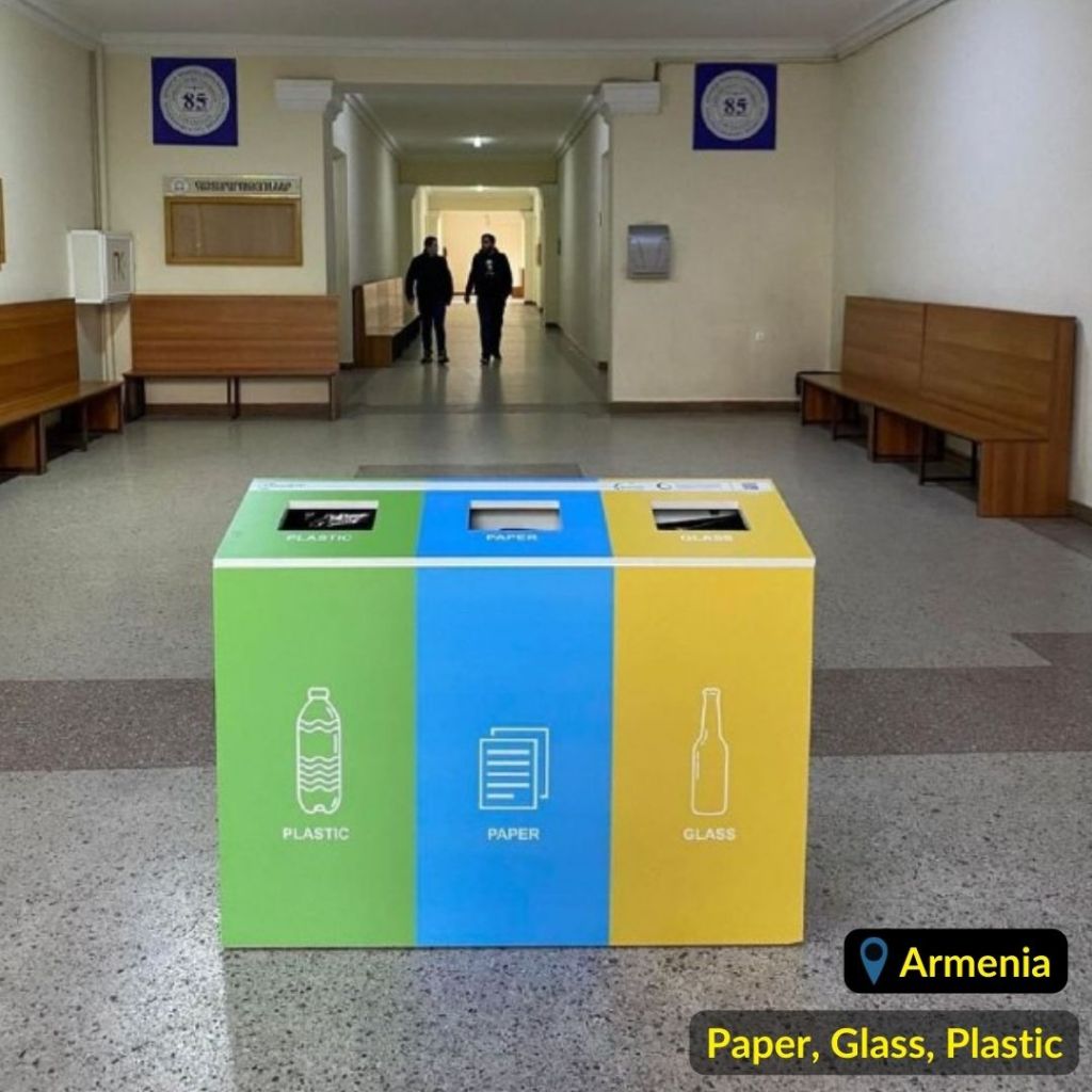 Green, Blue and Yellow recycling bins for plastic, paper and glass waste in University in Yerevan Armenia