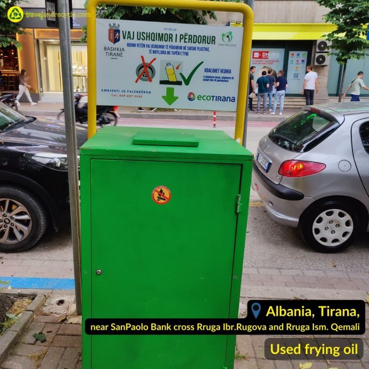 Green recycling bin for used frying oil waste in Tirana Albania