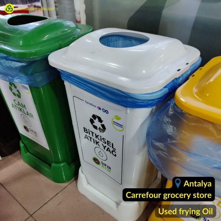 White recycling bin for used frying oil waste in Carrefour Antalya, Turkey