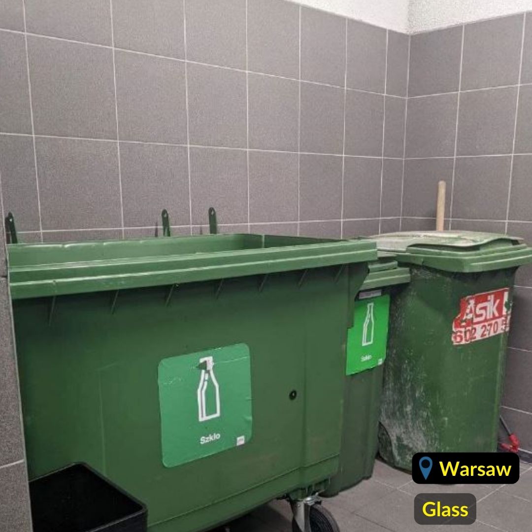 Green recycling bins for glass waste in Warsaw Poland