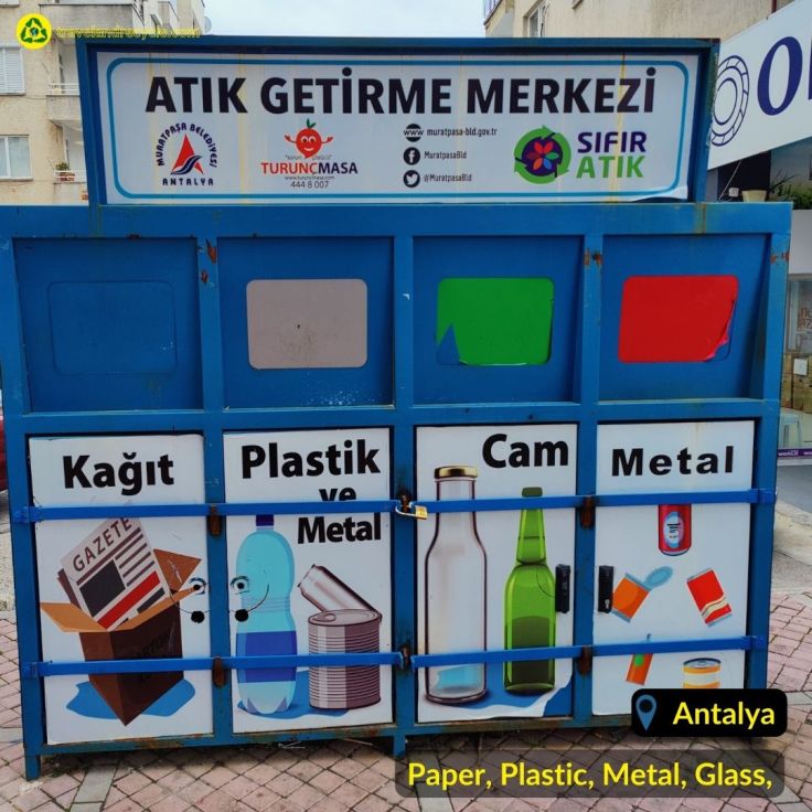 Blue recycling bin for plastic, glass, metal, paper waste in Antalya,Turkey