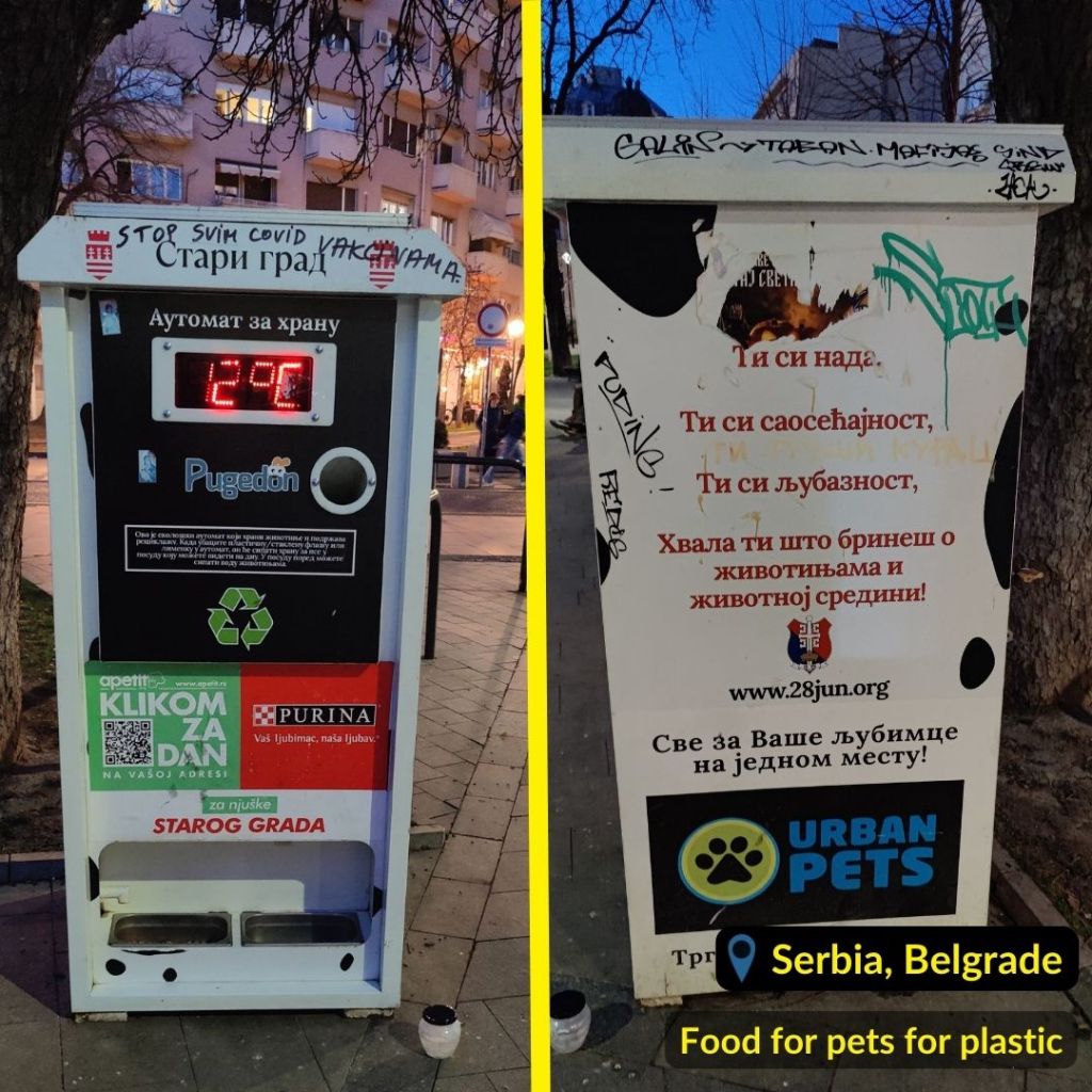 Food for stray animals and birds in exchange for plastic in Belgrade, Serbia