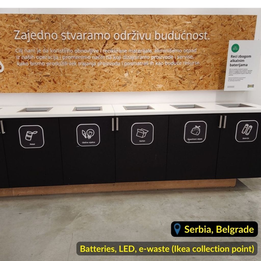 Ikea waste corner for recyclables (batteries, e-waste, LED, plastic, metal) in Belgrade Serbia