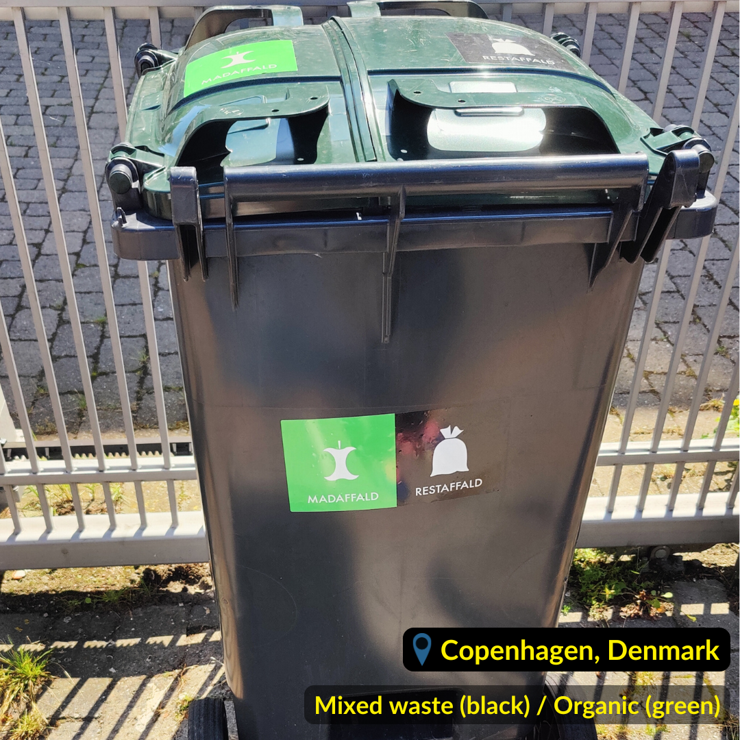 Black waste bin for Bio waste (green label) and mixed waste (black label) in Copenhagen Denmark