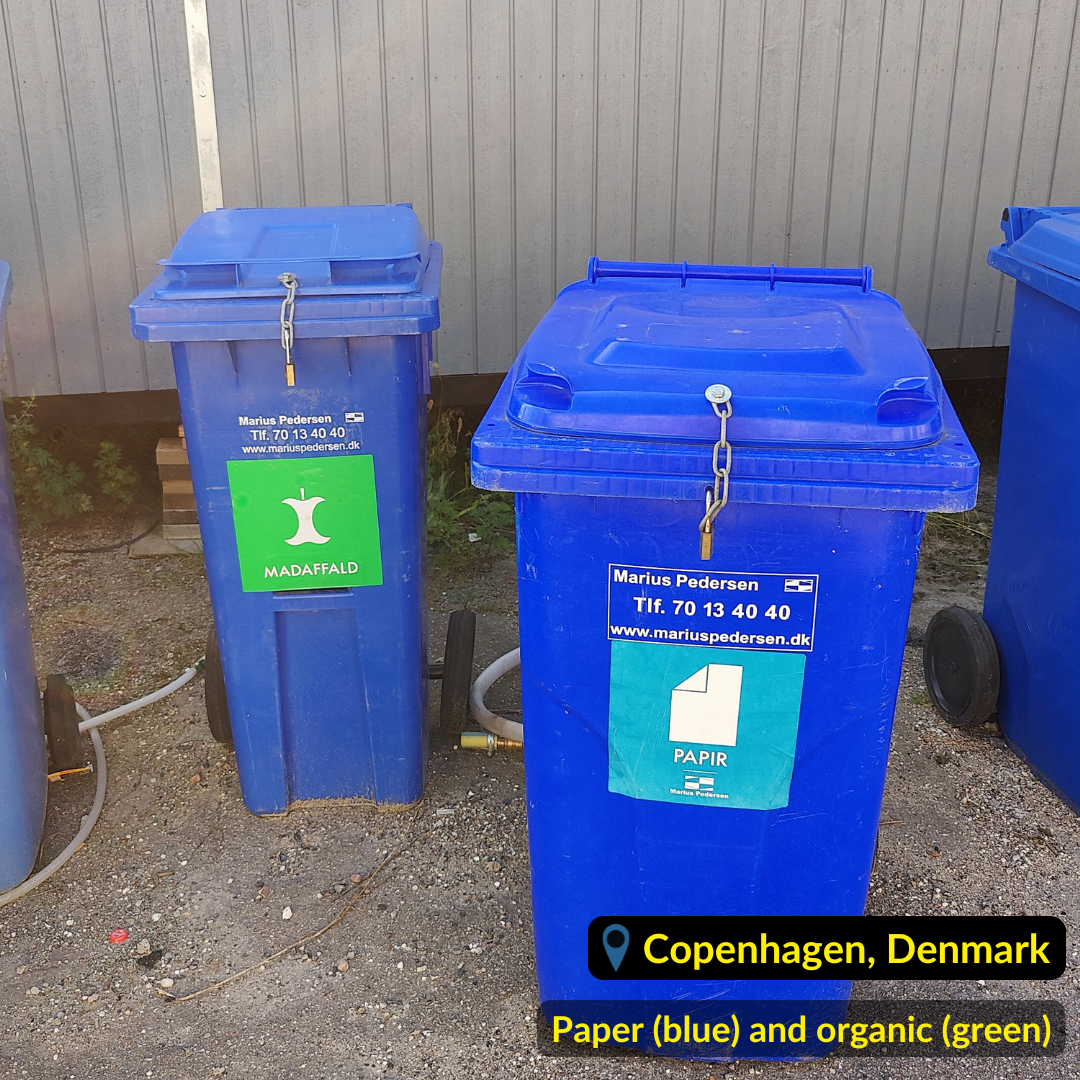 Blue waste bins for Bio waste (green label) and paper (blue label) in Copenhagen Denmark